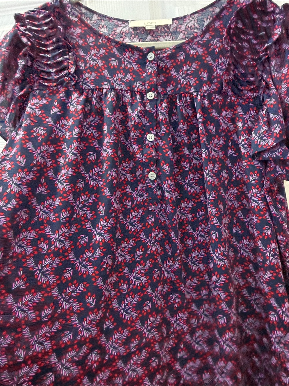 LOFT Navy Floral Ruffle Sleeve Button Front Blouse - Picture 3 of 3